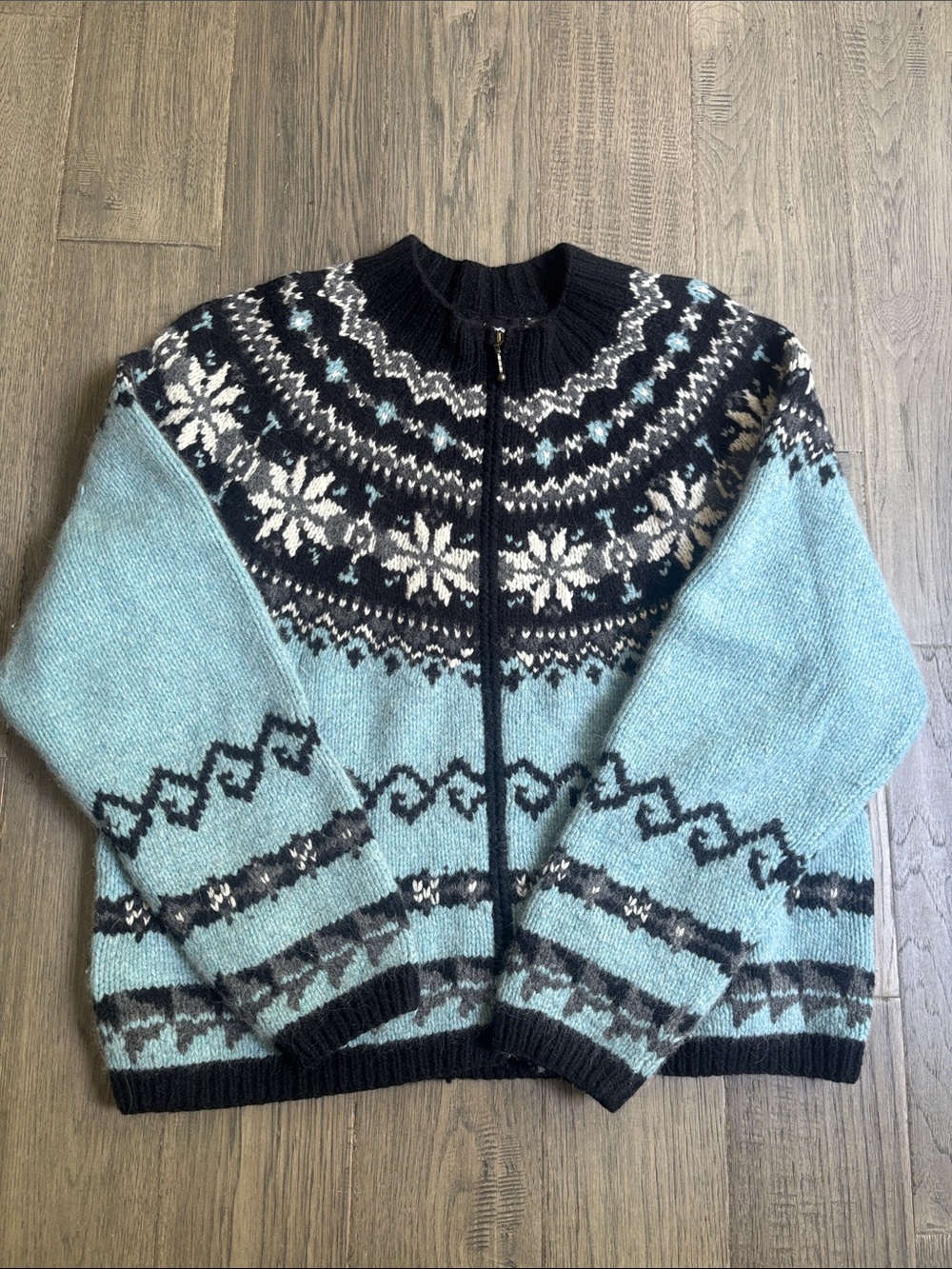 Icelandic Design | Blue Lambswool Fair Isle Nordic Zip Cardigan Sweater Large
